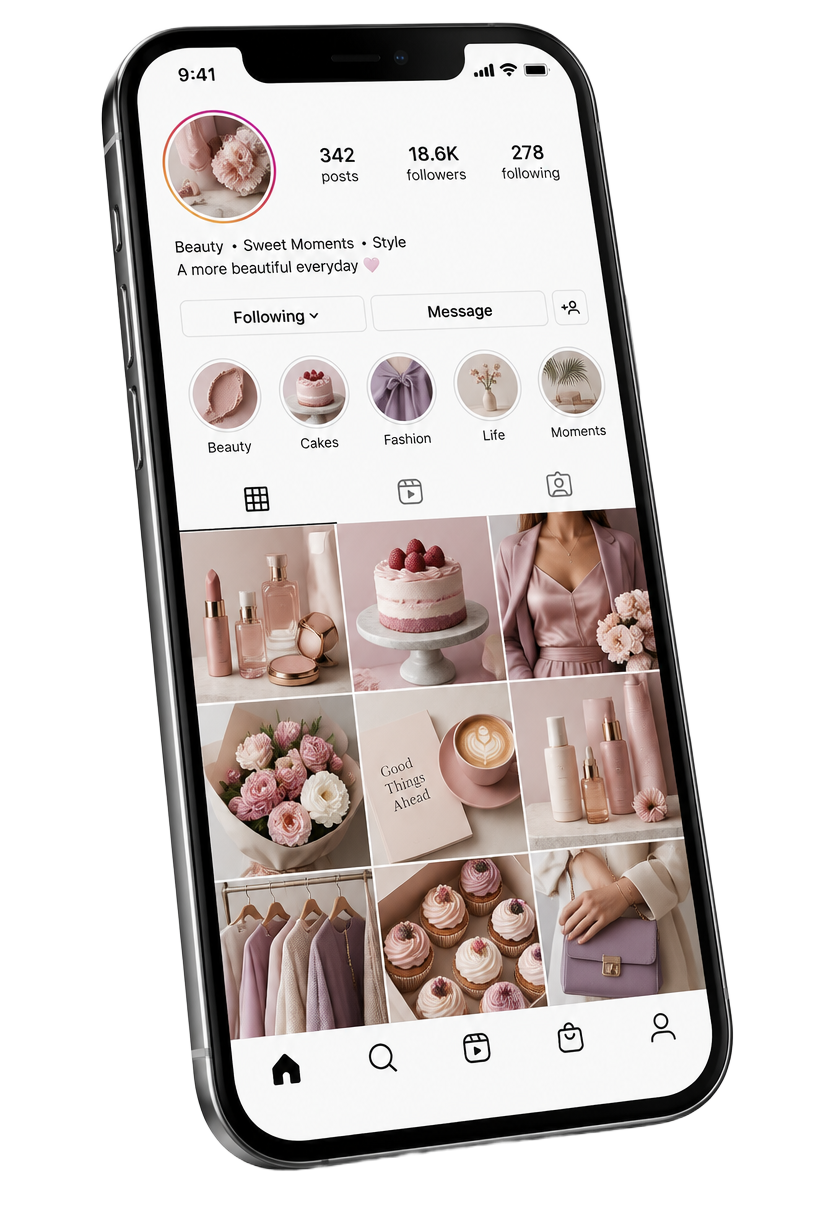 Celular exibindo imagens prontas para postar de um pacote mensal para Instagram