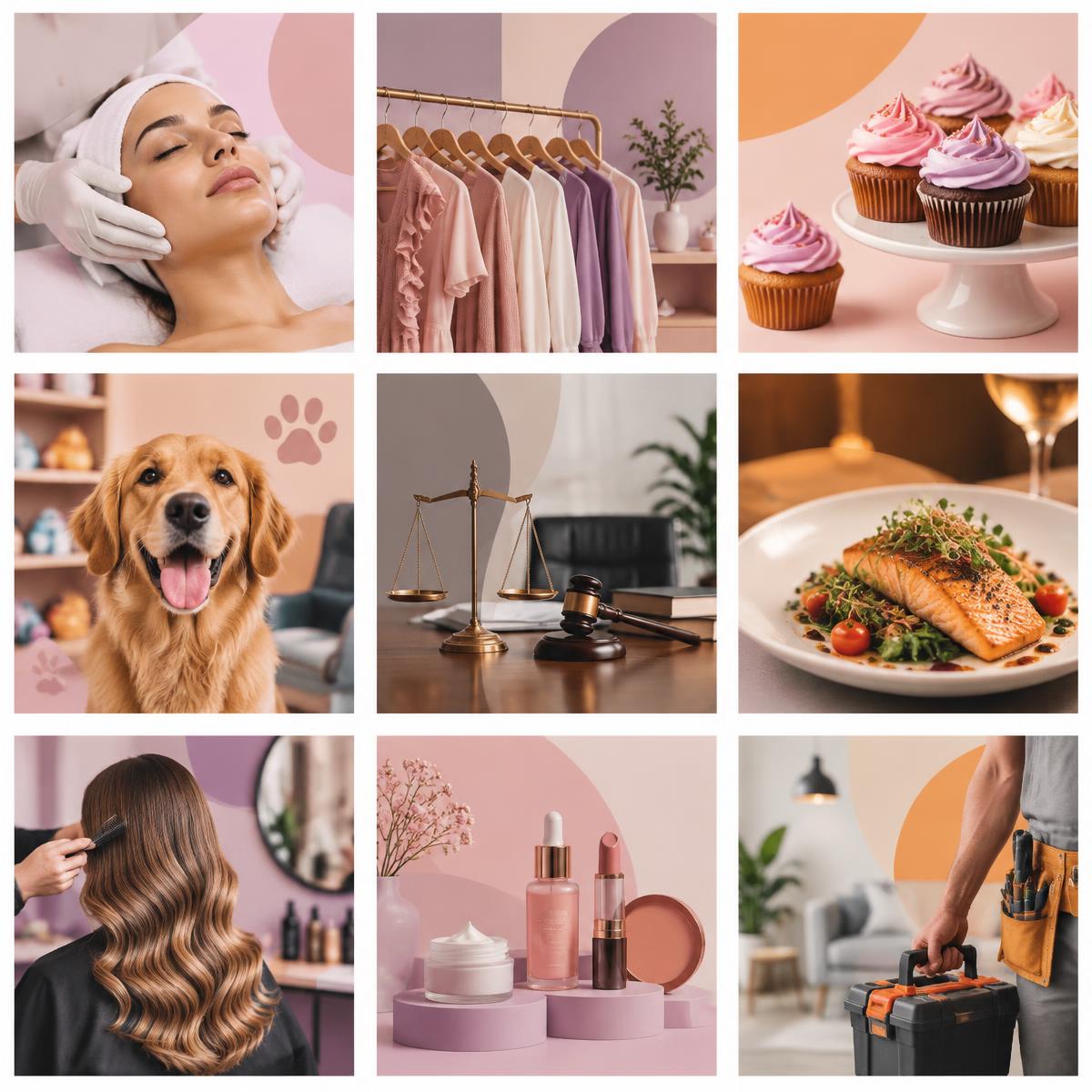 Grade de exemplo de um pacote de artes para Instagram com ofertas, avisos e datas do mês na mesma linha visual